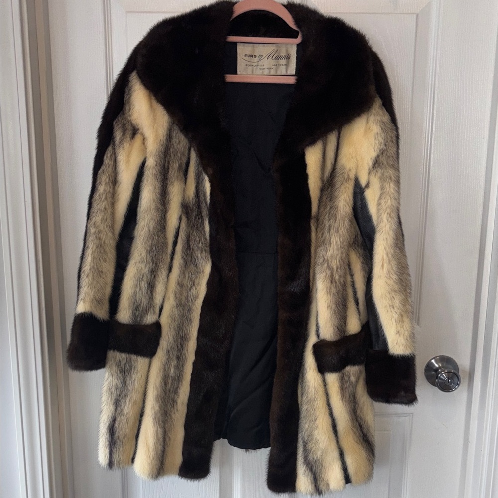 Vintage Fur and Leather Coat in Black and Cream